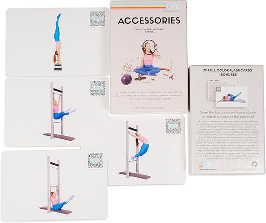OnlinePilatesClasses Pilates Accessories Flashcards, 79 All-Levels Illustrated Cards Deck Set, Low Impact Home Fitness Workouts Guide with Postures & Routines, Workout Planner with Tips and Videos