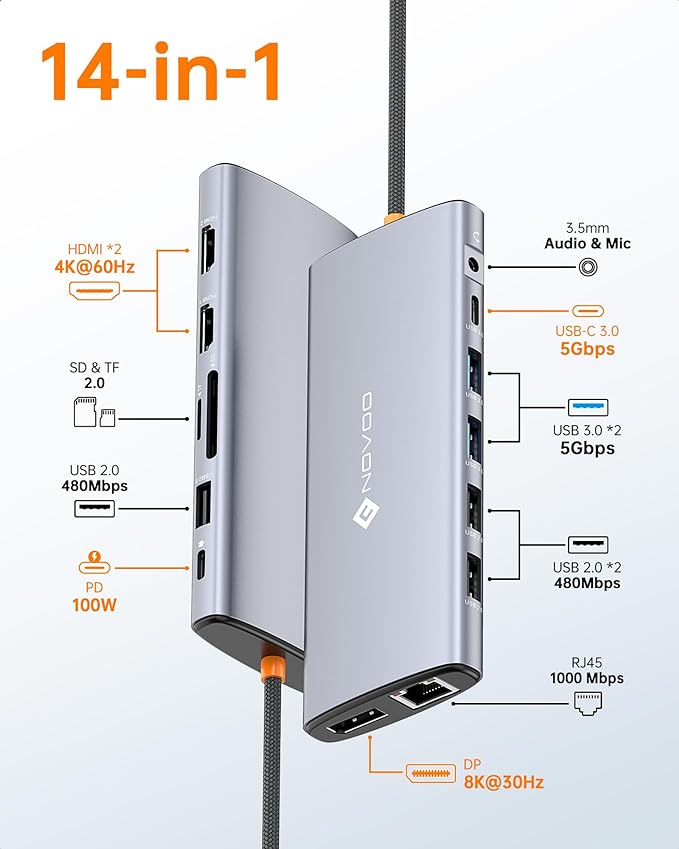 Dell/HP/Lenovo/Surface USB C Docking Station - Dual 4K60 HDMI+8K30 DP, 14 in 1 USB C Hub Adapter with 100W PD, RJ45, SD/TF, Audio, Multiport Dock for MacBook/Laptop