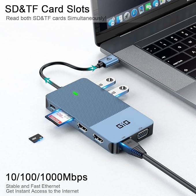 USB Docking Station GIQ USB C HUB USB 3.0 to Dual HDMI VGA Adapter Triple Display USB C Laptop Docking Station Dual Monitor HDMI Splitter Extender Compatible with MacBook M1 M2 USB Dock-Blue