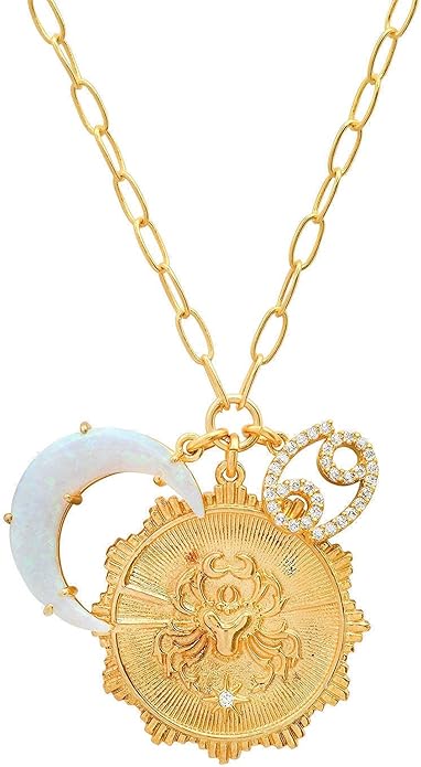 Gold Zodiac Sign Embossed Coin Opal Crescent Moon Charm Necklace for Women Trendy 18K Gold Plated Retro Paperclip Chain 12 Constellation Horoscope Necklaces Astrology Jewelry Gifts