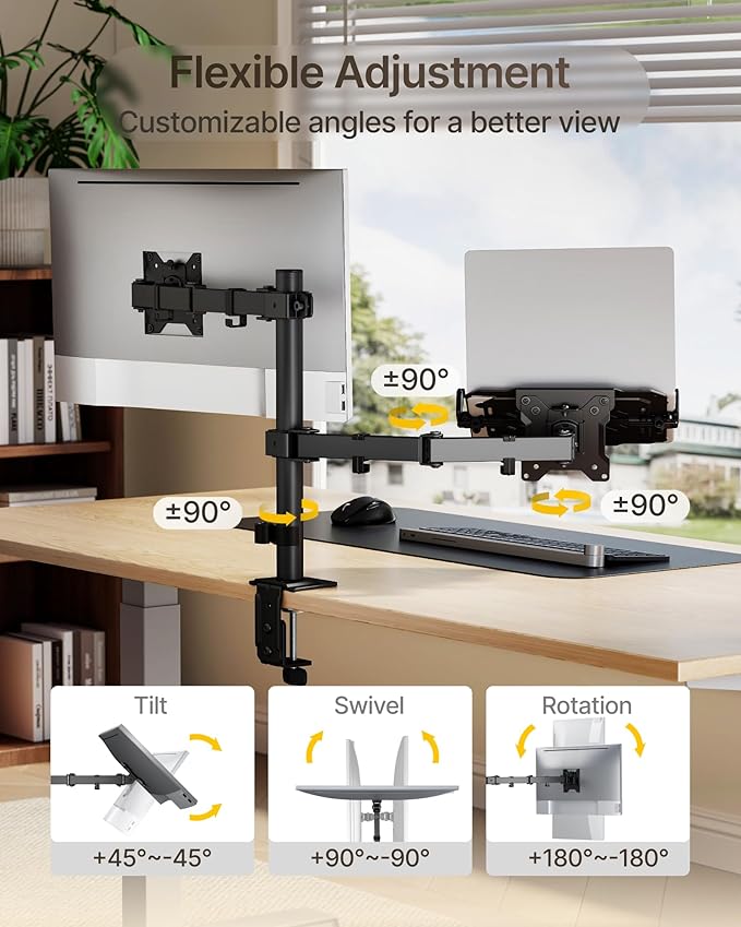 monTEK Monitor Mount and Laptop Stand for Desk, Adjustable Height Monitor Arm Fit up to 32 inch Screen and 17 inch Laptop, Hold up to 22lbs Weight, C-Clamp and Grommet