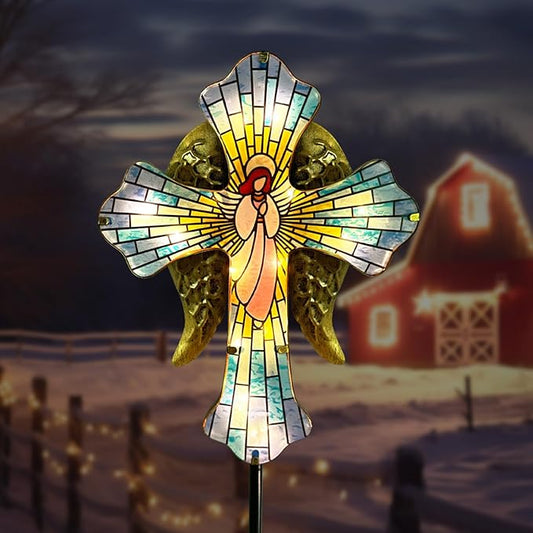 Solar Cross Garden Stake Lights for Outdoor Garden,Cemetery,and Yard Decor,Angel Wings Cross Solar Christmas Lights Outdoor,Memorial Gifts Angel