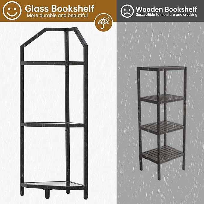 3-Tier Corner Shelf Stand, Black Corner Bookshelf, Bathroom Storage Rack Shelf, Plant Rack, Tempered Glass, Steel Frame, Modern Style for Living Room, Bathroom, Kitchen, Metallic Black