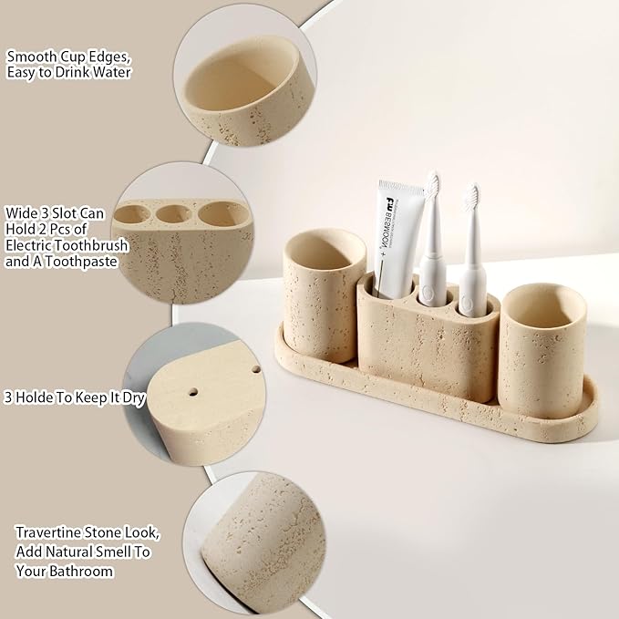 Bathroom Accessories Set, 4 pcs Toothbrush Holders Set Included 3 Slots Electric Toothbrush and Toothpaste Holder Stand, 2 Tumblers & Tray for Bathroom Countertop Sink Modern Decor (Yellow)