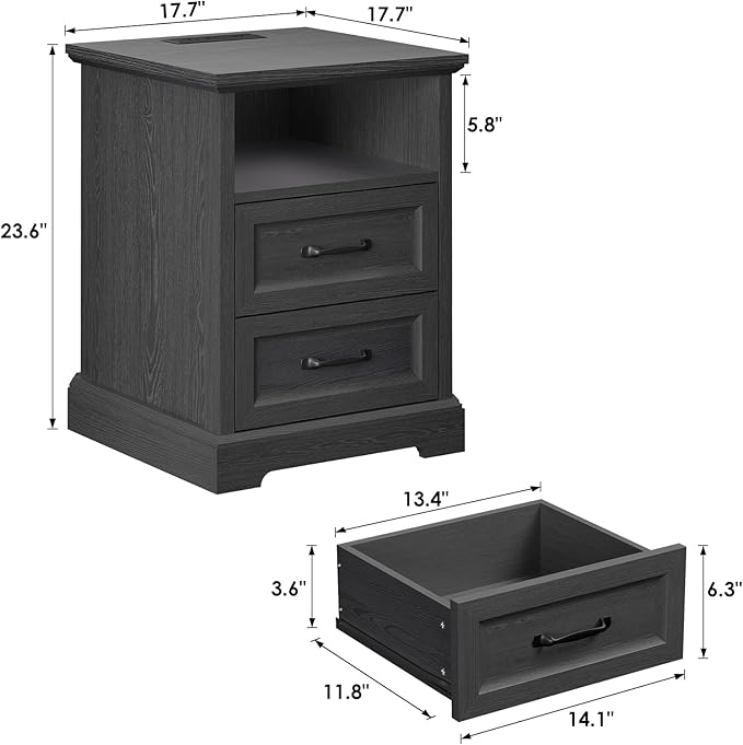 HOMMPA 18'' Farmhouse Nightstand with Charging Station, Bedside Tables with Storage, Bed Side End Table with Open Shelf, 2 Drawers Wood Night Stand Dresser for Bedroom, Living Room, Black
