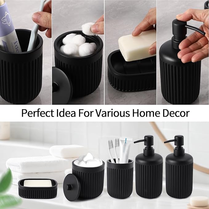 Black Resin Bathroom Accessories Set 5 Pcs, Bathroom Accessory Set Includes Foaming Soap Dispenser, Lotion Soap Dispenser, Toothbrush Holder, Qtip Holder, Soap Dish, for Modern Home Apartment
