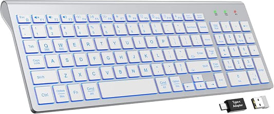 SABLUTE Wireless Keyboard with 7 Colored Backlits, Rechargeable Silent Compact Cordless Computer Keyboard with Low Profile Quiet Light Up Keys for Windows, PC, Linux, Chrome, Mac (Silver)
