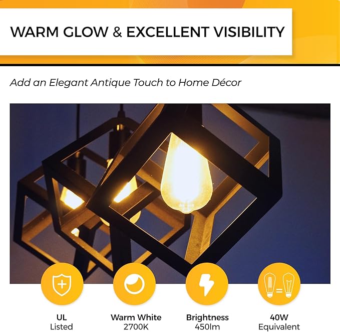 Hizashi Edison Bulbs Dimmable, 40 Watt, ST58/ST19 Vintage Light Bulbs, E26 LED Bulb 2700K Warm White, UL Listed, 4W 450lm 95+CRI E26 Base, Clear Glass, Pack of 24