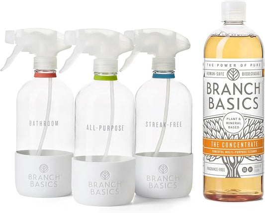 Branch Basics Cleaning Essentials Kit in Glass: All Purpose Cleaner and Bathroom Cleaner - Concentrate (33.8 Oz) + Glass Spray Bottles for Cleaning (16 Oz) Fragrance-Free