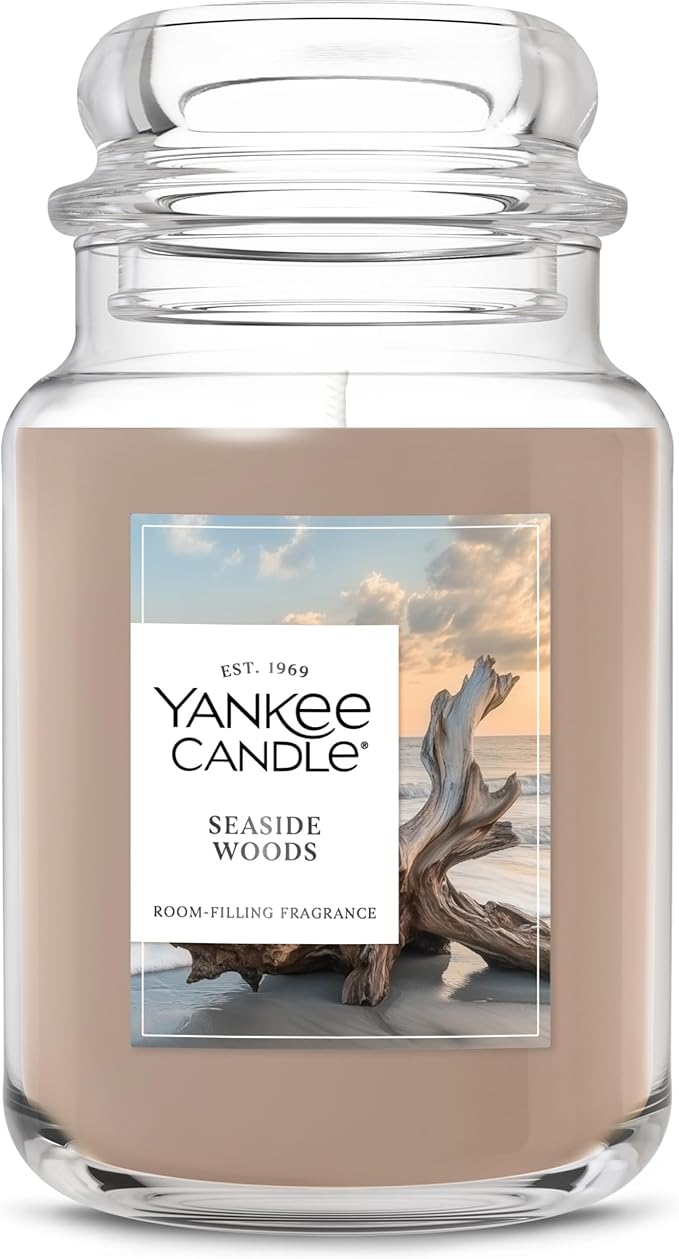 Yankee Candle Large Jar Scented Candle with up to 150 Hour Burn Time, Premium Plant Wax Blend for Consistent Burn, 22 oz Jar Candle with Room Filling Fragrance, Seaside Woods