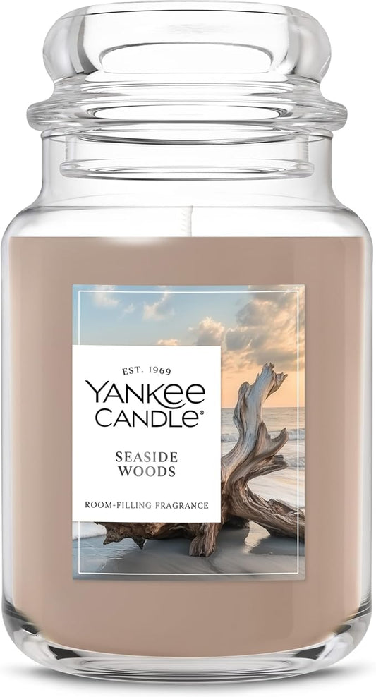 Yankee Candle Large Jar Scented Candle with up to 150 Hour Burn Time, Premium Plant Wax Blend for Consistent Burn, 22 oz Jar Candle with Room Filling Fragrance, Seaside Woods