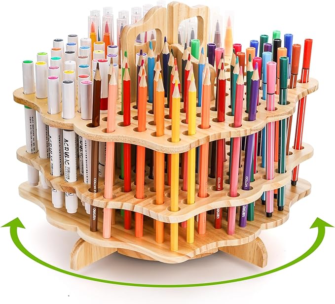 Peohud Wooden Pen Holder, 124 Slots Rotating Pencil Display Stand, Portable Paint Brush Organizer for Colored Pencils, Watercolor Brushes, Art Brushes, Office, Desktop