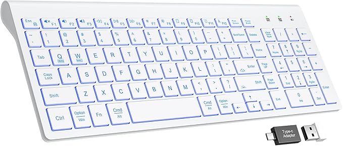SABLUTE Wireless Keyboard with 7 Colored Backlits, Rechargeable Silent Compact Cordless Computer Keyboard with Low Profile Quiet Light Up Keys for Windows, PC, Linux, Chrome, Mac (White)