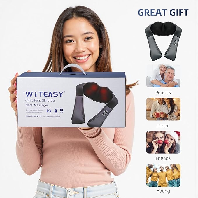 Cordless Shiatsu Neck Massager for Pain Relief Deep Tissue with Heat, 3D Kneading Massage Pillow Back Shoulder Massagerfor Body Muscle, Plug-in Use for Home Office Car, Gifts for Mom Dad Him