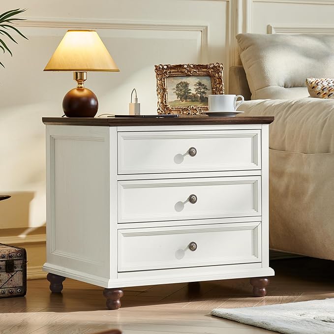 Farmhouse Nightstand with Charging Station, 24" Wide End Table with 3 Drawers,White Wood Dresser for Bedroom, Bed Side Table Chest of Drawers Cabinet,Night Stand for Living Room, Closet