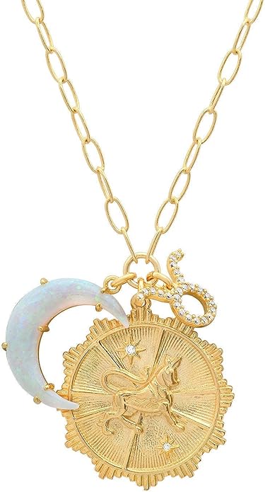 Gold Zodiac Sign Embossed Coin Opal Crescent Moon Charm Necklace for Women Trendy 18K Gold Plated Retro Paperclip Chain 12 Constellation Horoscope Necklaces Astrology Jewelry Gifts