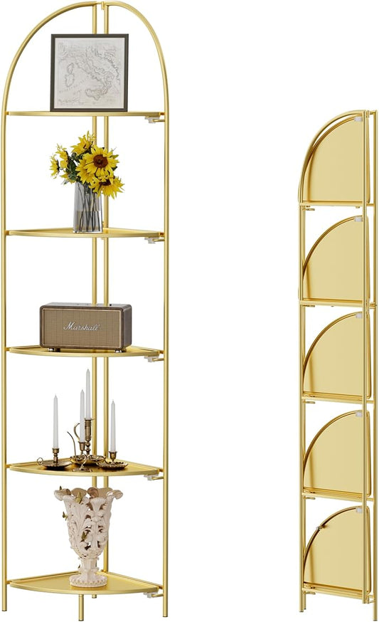 Crofy Foldable 5 Tier Corner Shelf, Metal Corner Plant Stand with Gold Frame and Gold Shelves, Corner Display Rack Multipurpose Shelving Unit for Living Room, Bedroom, Bathroom