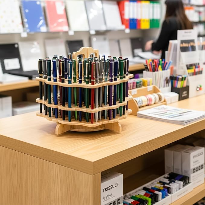 Peohud Wooden Pen Holder, 124 Slots Rotating Pencil Display Stand, Portable Paint Brush Organizer for Colored Pencils, Watercolor Brushes, Art Brushes, Office, Desktop