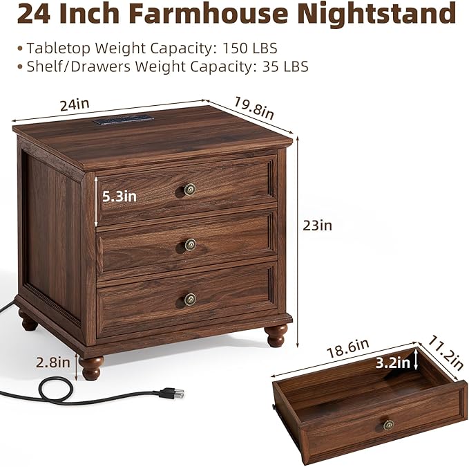 Farmhouse Nightstand Set of 2 with Charging Station, 24" Wide End Table with 3 Drawers,Dresser for Bedroom,Bed Side Table Chest of Drawers Cabinet,Wood Brown Night Stand for Living Room