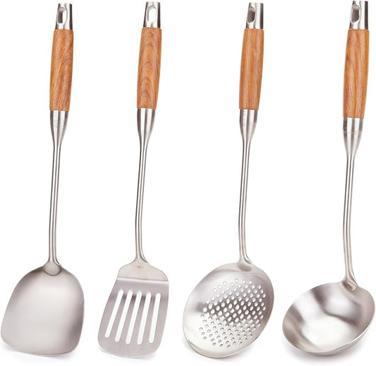 FJNATINH Wok Utensils - Wok Spatula Metal Set, 4-Pieces 14-15 Inch Extra Long, Wok Tools Professional Set, Wooden Handle Skimmer, Soup Ladle, Slotted Turner
