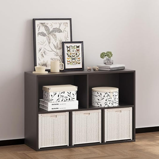 Wooden 5 Cube Storage Organizer with Closed Back Panel, Black Cube Shelf Heavy Duty Cubby Storage Organizer with Compartments for Living, Display Shelf