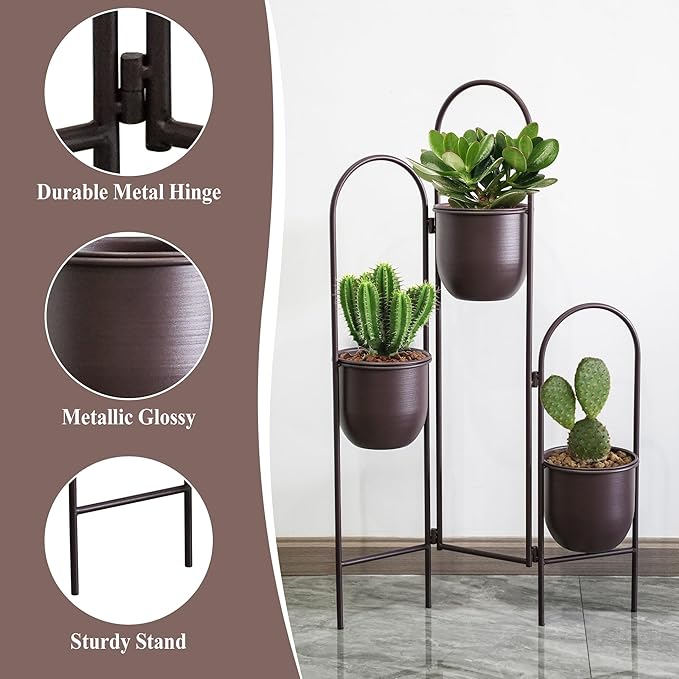 TRIROCKS Metal Plant Stand Indoor Outdoor, 3 Tier 35" H Corner Plant Pot Stand for Multiple Plants, Folding Space-Saving Planter with Stand for Living Room Balcony Patio Garden（Brown ）