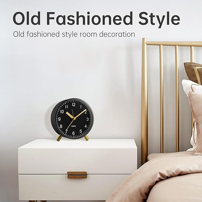 Analog Alarm Clock, 4 inch Super Silent Non Ticking Small Clock with Night Light, Battery Operated, Simple Design, easy setting for Office, Bedroom, Bedside, Desk, teens, elders, kids, adult, Black