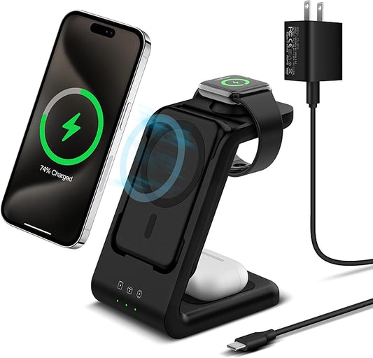 3 in 1 Wireless Charging Station: 5000mAh Removable Power Bank Charger Stand for iPhone/Apple Watch/Airpods - Portable Magnetic Battery Pack for Air 17 16 15 14 13 12 Series