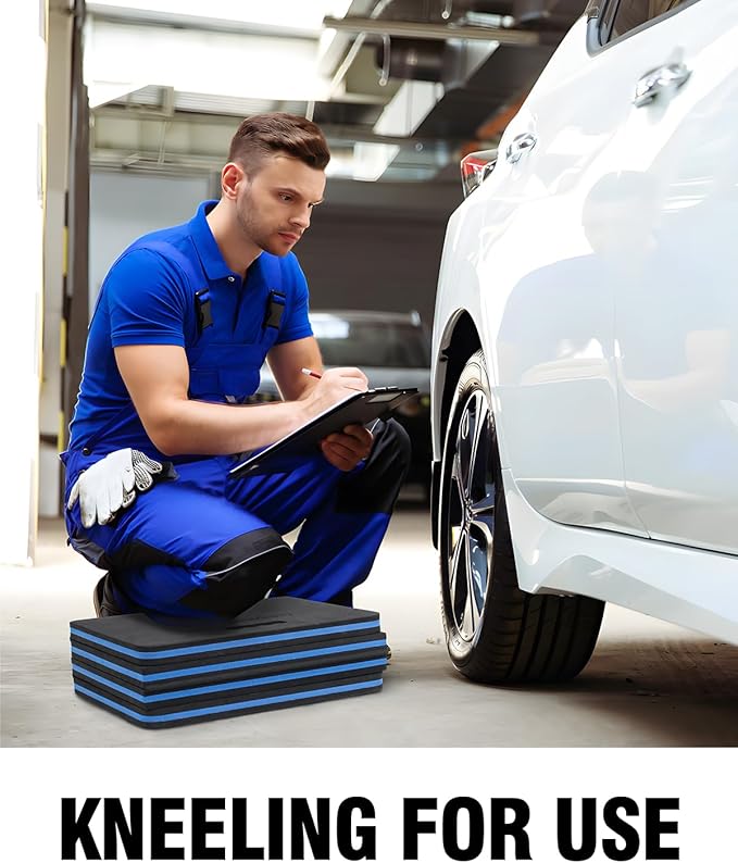 1.1" Extra Thick Foldable Garden Kneeling Pad with Handle & Belt & Tool Compartments – EVA Foam Knee Cushion Mat for Gardening, Mechanic Work, Auto Repair (47.2" x 15.7" x 1.1", Black & Blue)