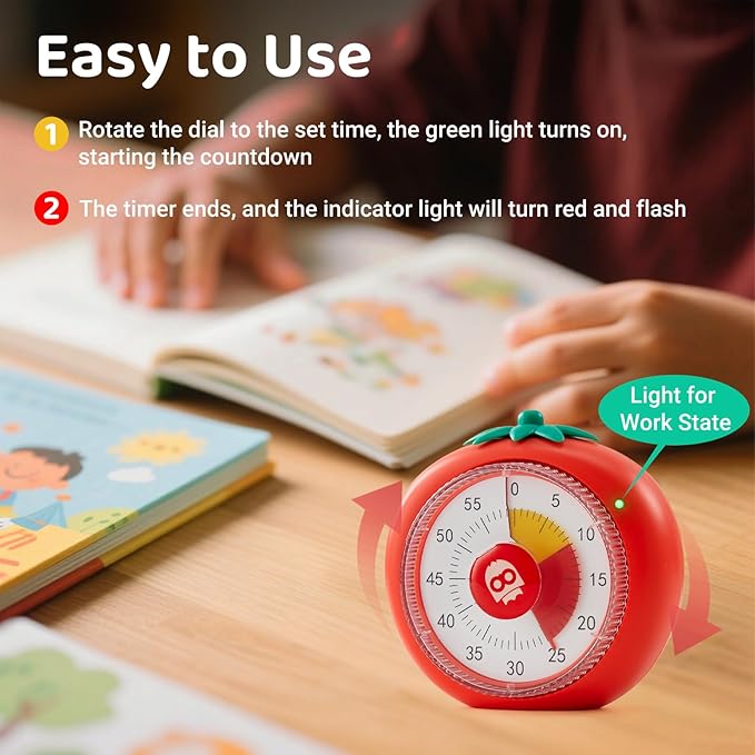 Visual Timer for Kids, 60-Minute Countdown Timers for Classroom Office Kitchen with Silent Operation, Kids Timer for Teaching with Cute Design, 4-Color Zone Pattern Pomodoro Timers