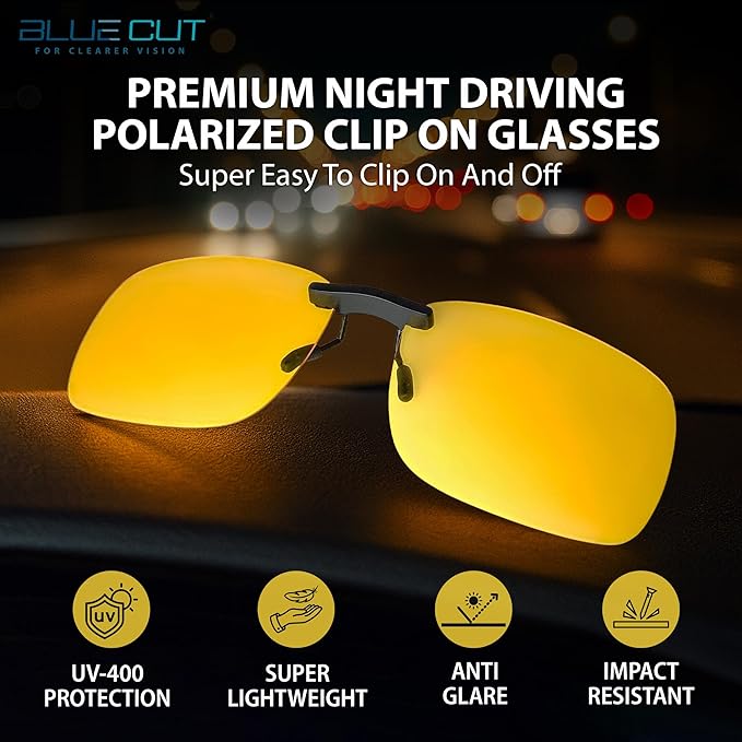BLUE CUT Clip on Polarized Night Vision, Driving Sunglasses UV 400 Blocker To Wear Over Prescription Glasses