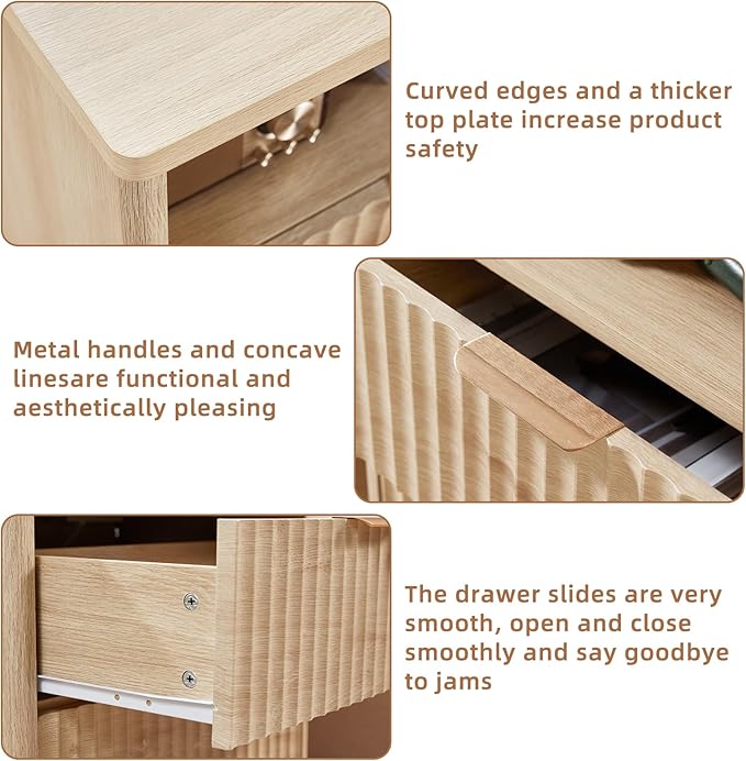 LEYAOYAO Fluted Nightstand with Charging Station, 23" Wide 2 Drawers End Table, Natural Night Stand with Open Storage Cabinet, Farmhouse Bed Side Tables, Wood Dresser for Bedroom, Living Room, Closet