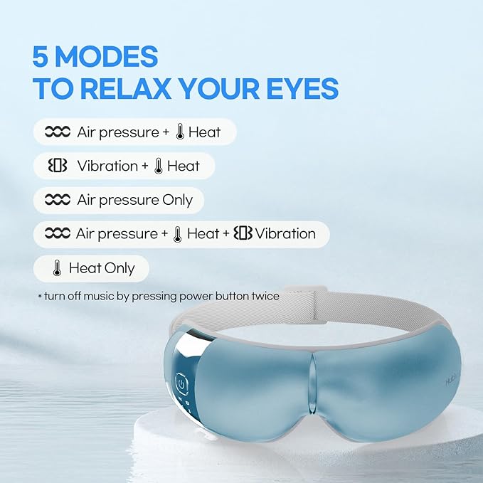 HubiCare Eye Massager with Heat, Vibration, and Music Helps Relieve Strain, Dark Circles, Dryness, and for Migraine Relief Relaxation and Better Sleep Gifts for Women/Men (Ice Blue)