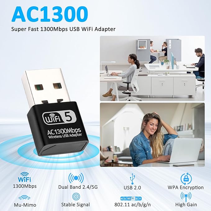 Wodgreat 1300Mbps USB WiFi Adapter for PC-Tiny Size Wireless Network Adapter for Desktop with Dual Band 2.4GHz, 5GHz, MU-MIMO, WiFi Dongle Supports Win11/10/8.1/8/7/XP, Mac OS 10.9-10.15