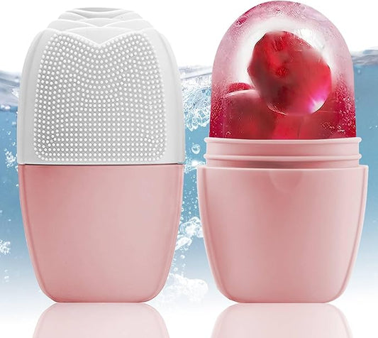 XHJRI Ice Face Roller Massager,Ice Cube Roller for Face, Eyes and Neck Naturally Conditioning and Skin Care,De-Puff Eye Bags,Reduce Migraine Pain,Reusable Massage Silicone Ice Mold (New Pink White)