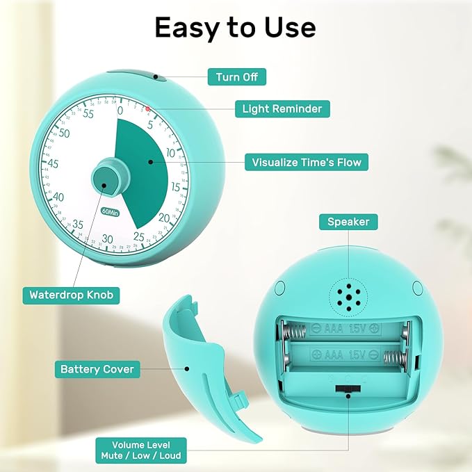 Visual Timer 60-Minute, Kids Timer for Homeschool Desk, Time Management Tools with Silent Operation, Timer for Kitchen Office Classroom(Green)