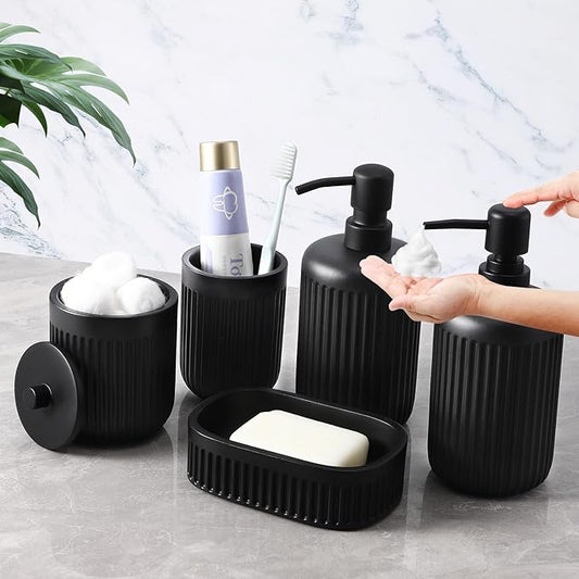 Black Resin Bathroom Accessories Set 5 Pcs, Bathroom Accessory Set Includes Foaming Soap Dispenser, Lotion Soap Dispenser, Toothbrush Holder, Qtip Holder, Soap Dish, for Modern Home Apartment