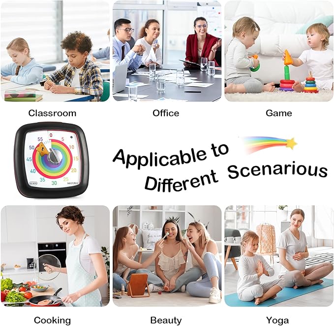 Secura 60-Minute Visual Timer, Silent Study Timer for Kids and Adults, Time Clocks, Time Management Countdown Timer for Teaching (Black & Star)