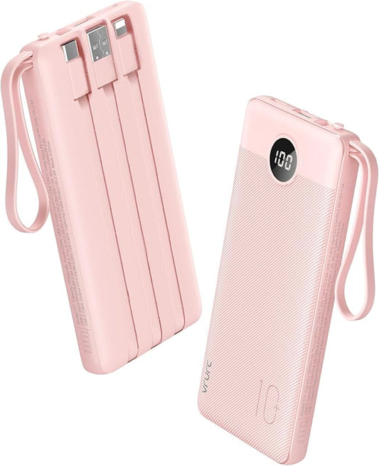 VRURC Portable Phone Charger, 20W PD Fast Charging Portable Charger for iPhone, 10000mAh Battery Bank with Cables, 4 Output 3 Input USB C Battery Pack for iPhone 16 15 14 13,Samsung Galaxy Series-Pink