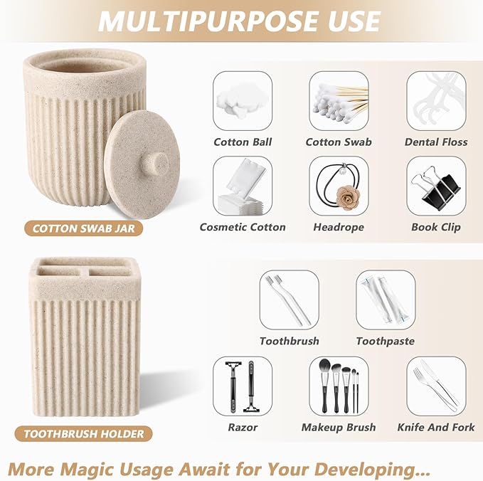 Resin Beige Bathroom Accessories Set 5 Pcs, Lotion Soap Dispenser, Toothbrush Holder, Bathroom Tumbler, Qtip Holder and Vanity Tray, Bathroom Countertop Organizer Set for Modern Home Apartment