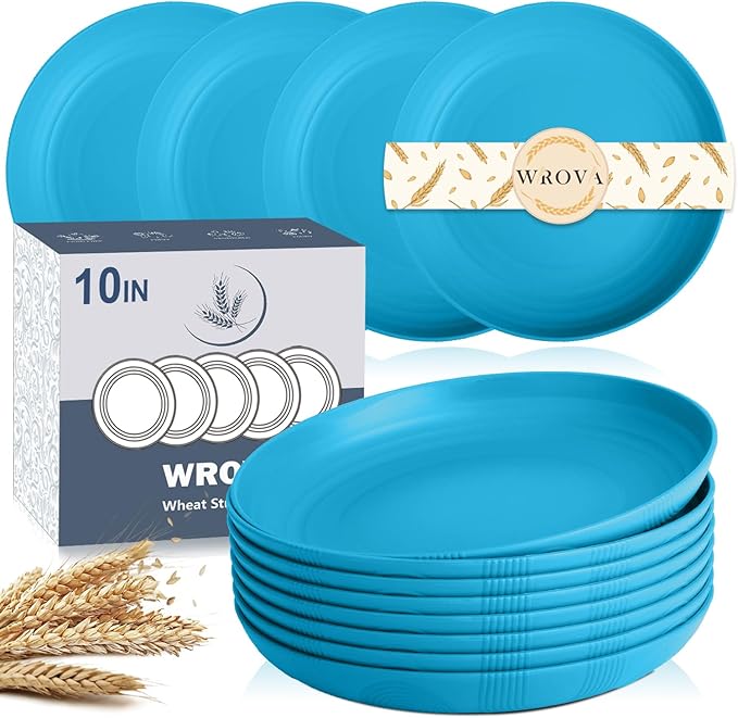 Wheat Straw Plates 10 Inch - Unbreakable Dinner Plate Set of 8 - Dishwasher & Microwave Safe Plastic Plates Reusable - Lightweight Deep Plate for Kitchen,Outdoor,Dorm (Blue)