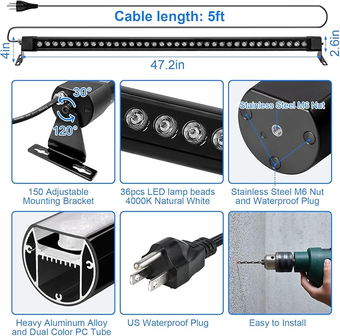 2 Pack Outdoor Wall Washer Lights ,72W 5000K Daylight White Wall Washer Lighting,IP67 Waterproof 4ft 120V Linear Led Wall Light Bar for Outdoor Indoor Building Sign, Hurches,Garden,Courtyards Lighting