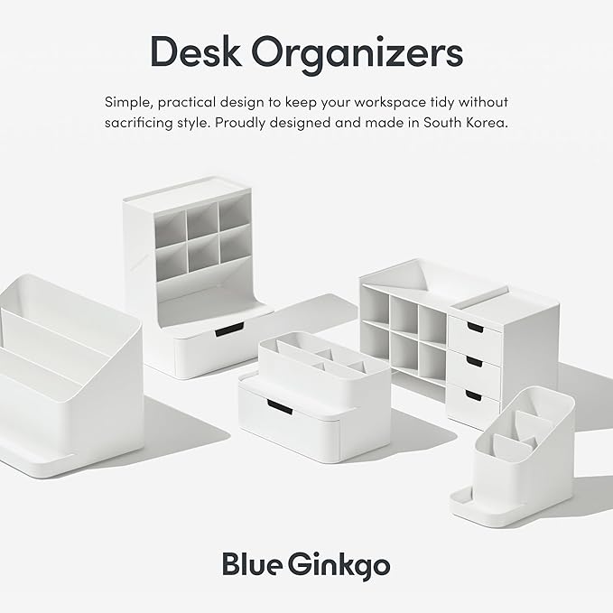 BLUE GINKGO Portable Desk Organizer – Compact 3 Compartment, Half-drawer Storage – Pen Holder, Stationery Desktop Organizer for Office, Makeup, Crafts (Made in Korea, White)