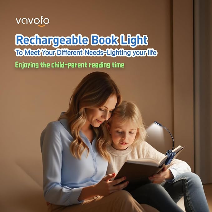 VAVOFO Rechargeable Book Light for Reading in Bed Kids, 7 LED Reading Light with 9-Level Warm Cool White Daylight, Eye Care Lamp with Power Indicator for Bookworms (Metallic Grey)