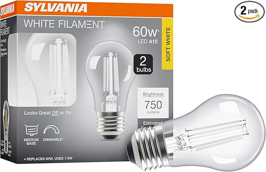Sylvania A15 Clear Globe LED White Filament Bulb, 7.5W, Dimmable, 750 LMS, Medium Base, 2700K, Soft White - 2 Pack (42247)