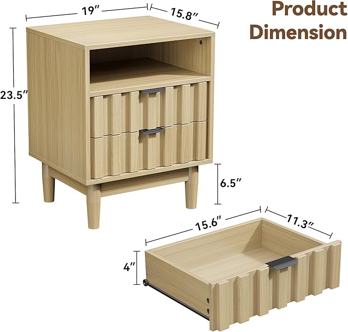 Fluted Nightstand Set of 2 with 2 Drawers, 19" Wide Night Stand with Solid Wood Legs, Open Storage Shelf, Mid Century Modern Wooden Bedside Table for Bedroom, Bed End Side Table, Oak