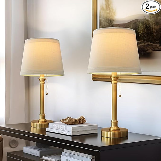 Oneach Modern Gold Brass Table Lamp Set of 2 for Bedroom Living Room 19.5'' Traditional Bedside Desk Nightstand Buffet Candlestick Samll Lamps with White Drum Shade