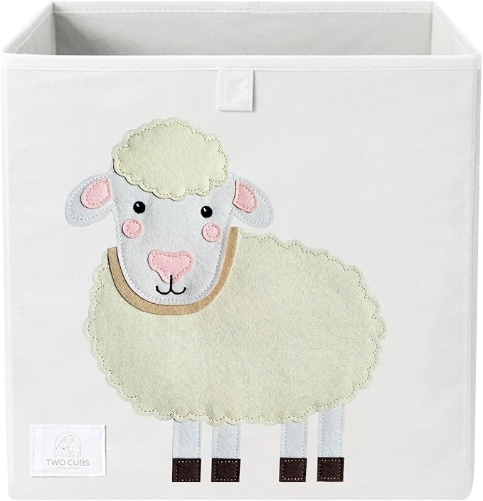 Two Cubs Foldable Kids Toy Storage Box - 13"x13" Cube Organizer Bin with Durable 2.6mm Plastic Plate Boards, Sheep Design in White - Collapsible Nursery & Playroom Storage, Fits IKEA Kallax Shelves
