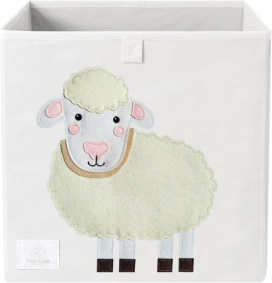 Two Cubs Foldable Kids Toy Storage Box - 13"x13" Cube Organizer Bin with Durable 2.6mm Plastic Plate Boards, Sheep Design in White - Collapsible Nursery & Playroom Storage, Fits IKEA Kallax Shelves