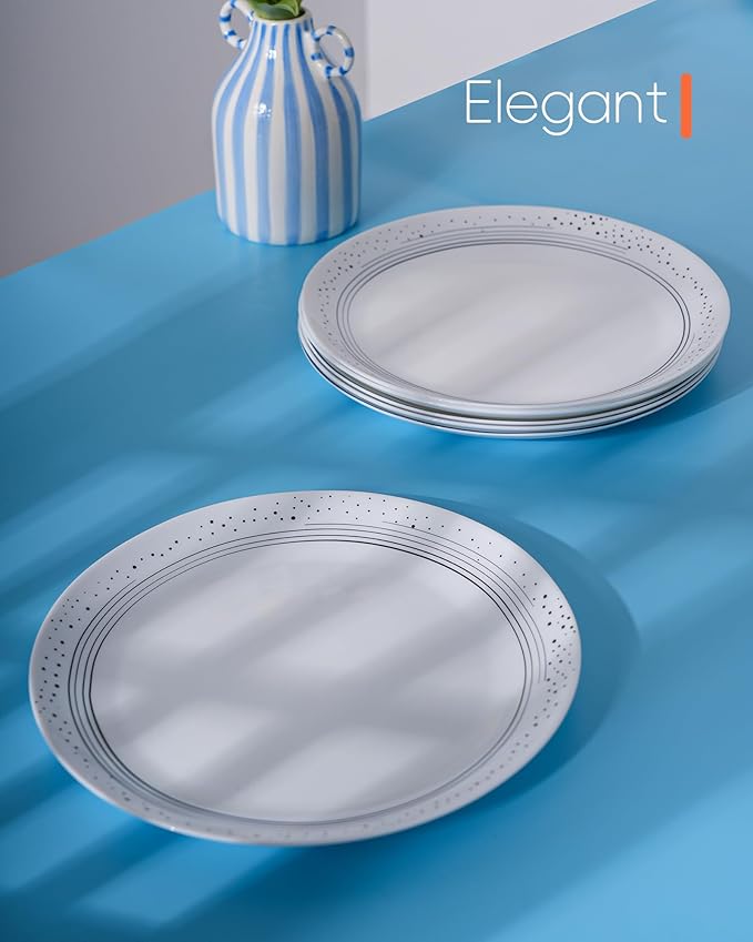 10.5 inch Dinner Plate Set of 6, Lightweight Round Opal Glass Dinnerware Plates, Dishwasher and Microwave Safe, Black Modern Speckled Design